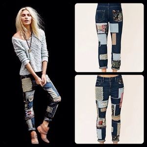 Free People Slim Slouch Patchwork Jeans